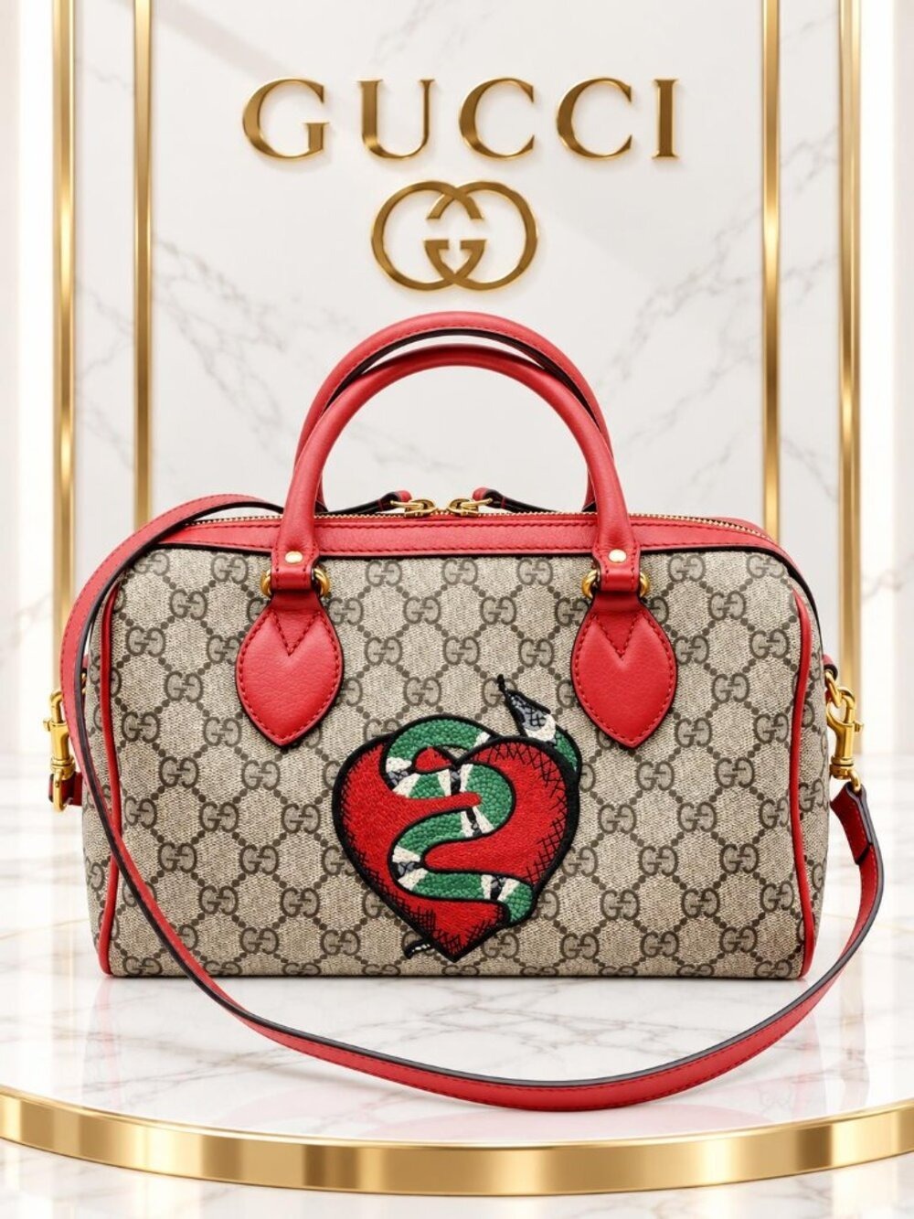Authentic Gucci GG Supreme Tian Heart Snake Boston Bag Red Leather Crossbody